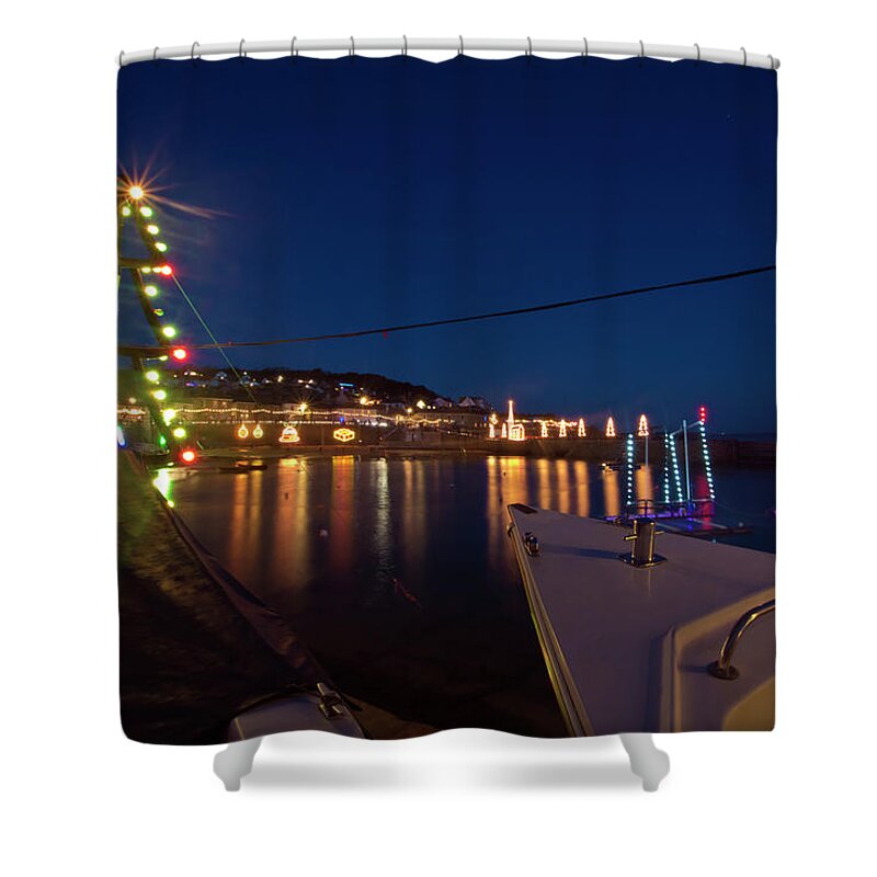 Mousehole Shower Curtain featuring the photograph A Boat's View of Mousehole Christmas Lights by Terri Waters