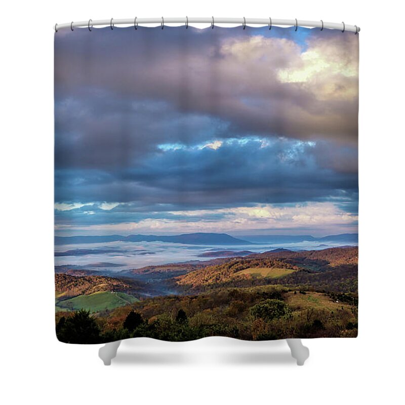 Landscape Shower Curtain featuring the photograph A Break in the Clouds by Joe Shrader