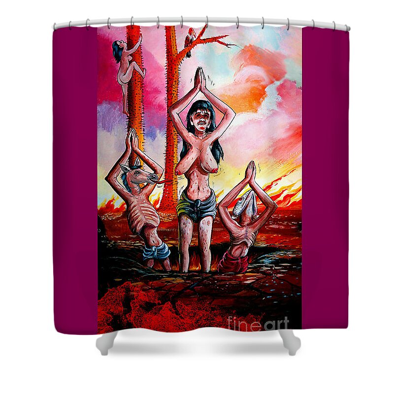 Hell Shower Curtain featuring the mixed media A Buddhist Depiction of Hell by Ian Gledhill