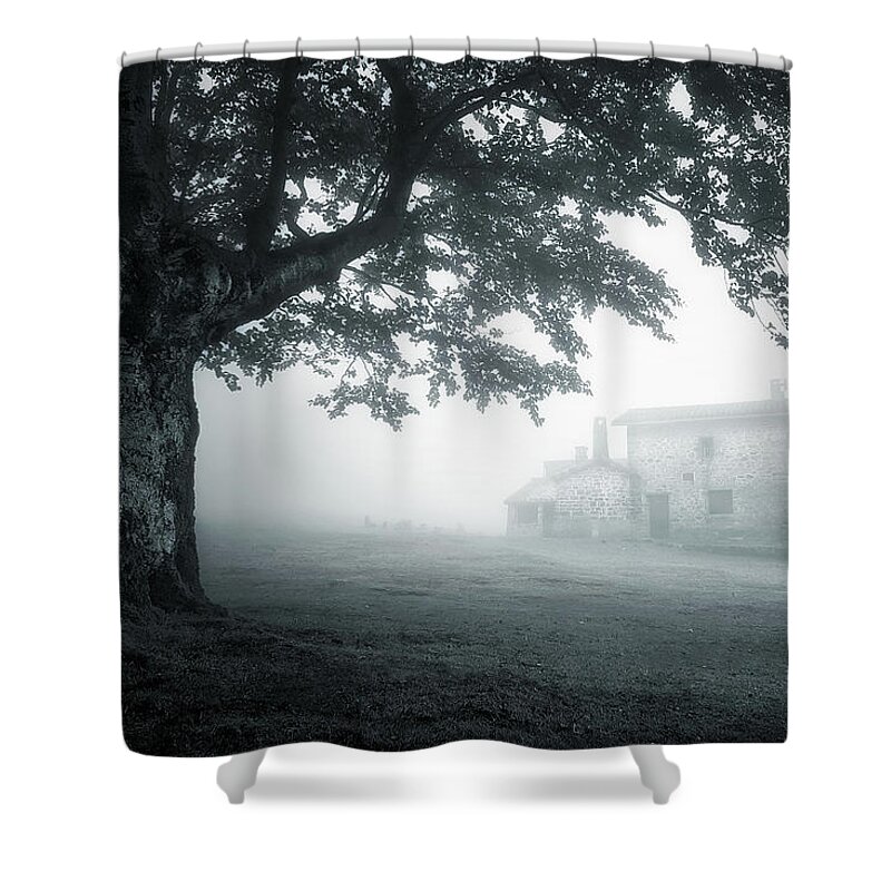 Cabin Shower Curtain featuring the photograph A Cabin in the Woods by Mikel Martinez de Osaba