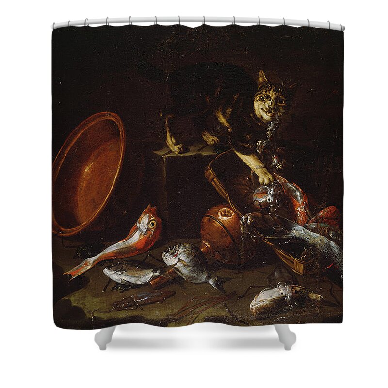 A Cat Stealing Fish Shower Curtain featuring the painting A Cat Stealing Fish by MotionAge Designs