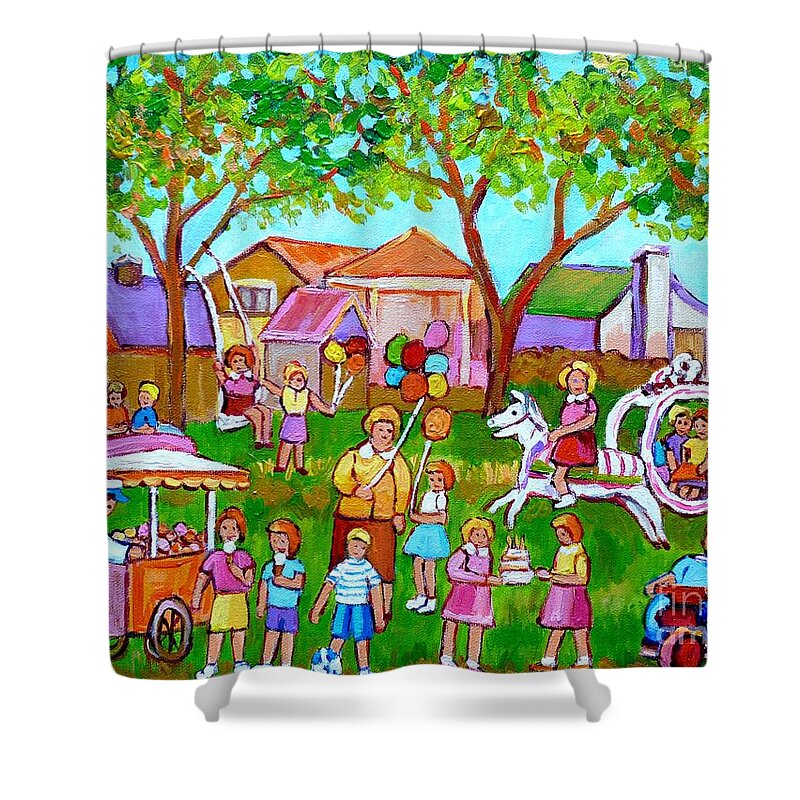 Montreal Shower Curtain featuring the painting A Child's Birthday Party Backyard Fun Canadian Paintings Carole Spandau by Carole Spandau