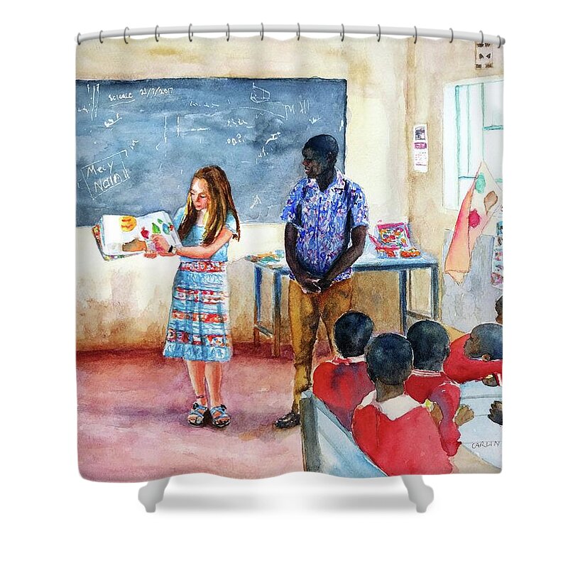 African Village Classroom Shower Curtain featuring the painting A Classroom in Africa by Carlin Blahnik CarlinArtWatercolor