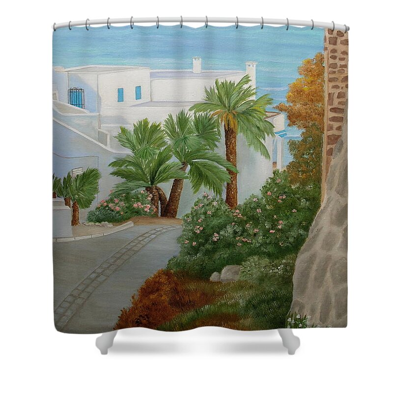 Beach Shower Curtain featuring the painting A Corner In San Jose by Angeles M Pomata