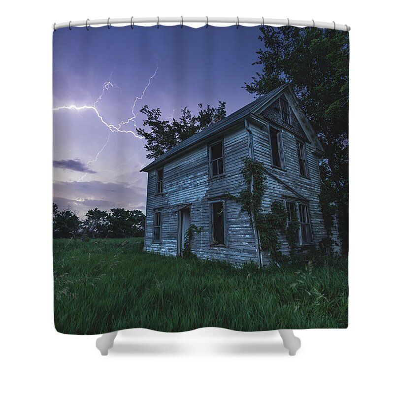 #500px #abandoned #abandoned House #beautiful #clouds #danderous #dark #dark Places #decay #dusk #forgotten #groenyview #home #homegroen Photography #horror #left Behind #lightning #lightning Storm #night #old #pluto #rural #scary #sky Shower Curtain featuring the photograph A Dark and Stormy Place by Aaron J Groen