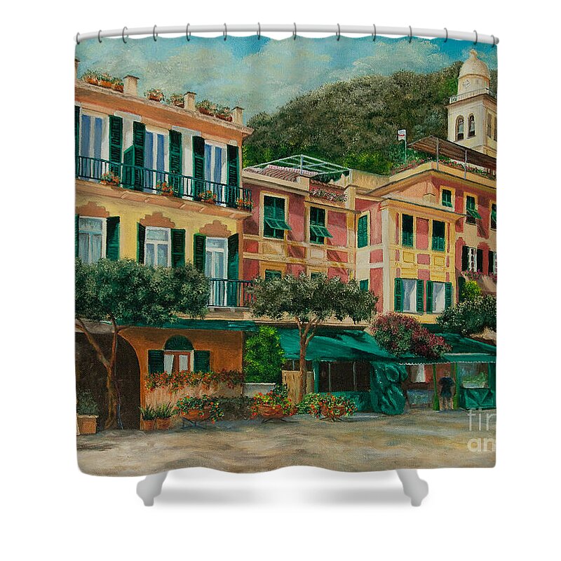 Portofino Italy Art Shower Curtain featuring the painting A Day in Portofino by Charlotte Blanchard