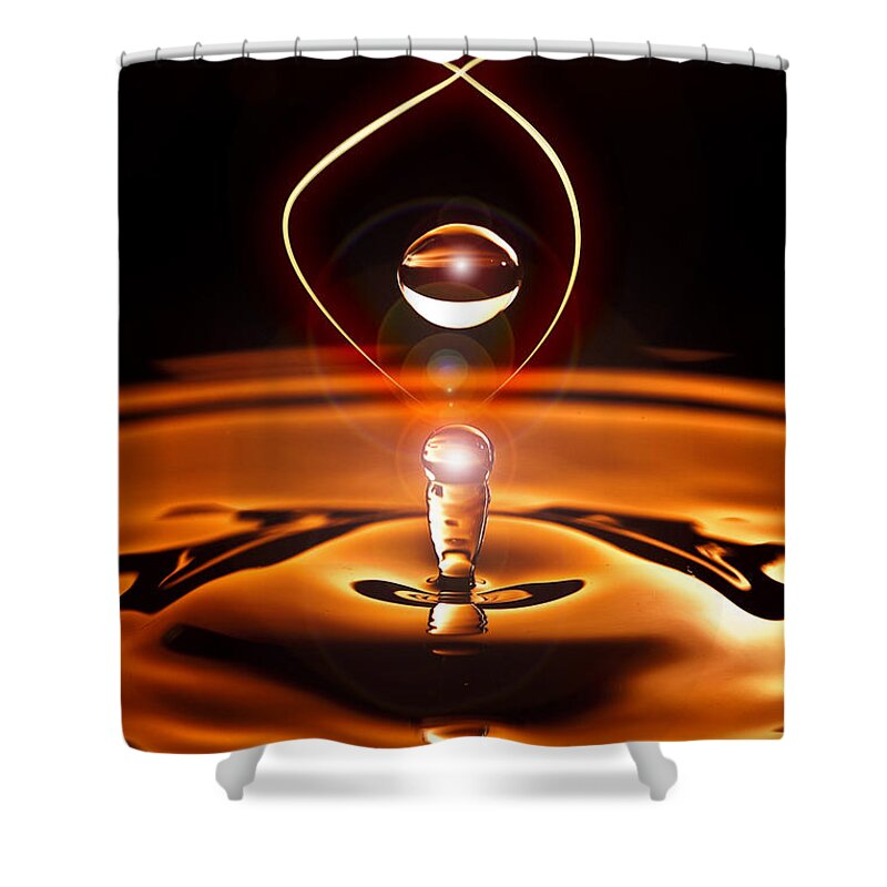 Water Drop Droplet Droplets Blue Orange Shower Curtain featuring the photograph A Drop of Light by Keith Allen