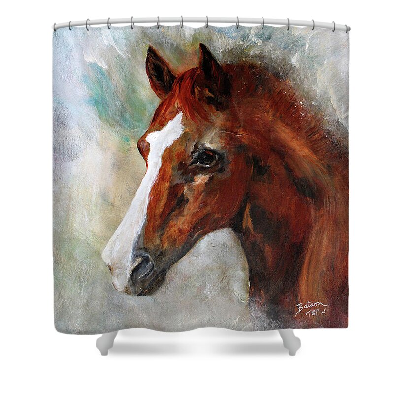 Sorrel Shower Curtain featuring the painting A Family's First Horse by Barbie Batson