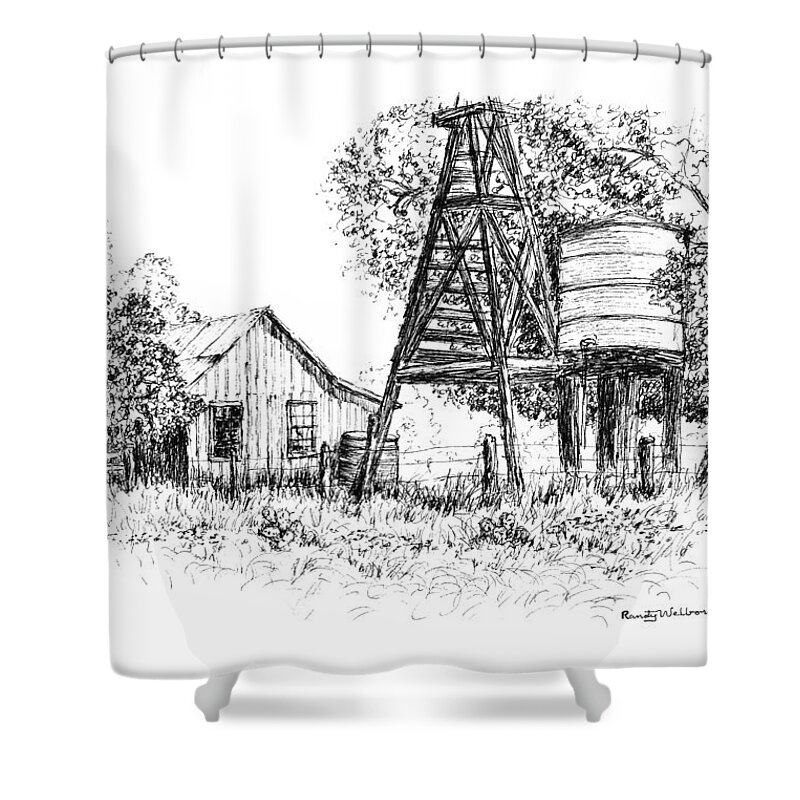 Schroeder Shower Curtain featuring the drawing A Farm in Schroeder by Randy Welborn