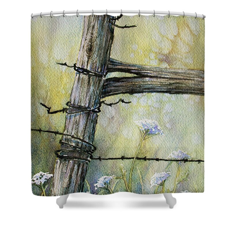 Fence Shower Curtain featuring the painting A Fence and Wild Flowers by Rebecca Davis