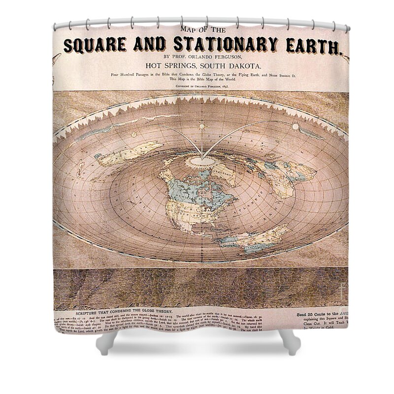 A Flat-earth Map Drawn By Orlando Ferguson In 1893. The Main Text Reads Shower Curtain featuring the painting A flat-Earth map by Celestial Images