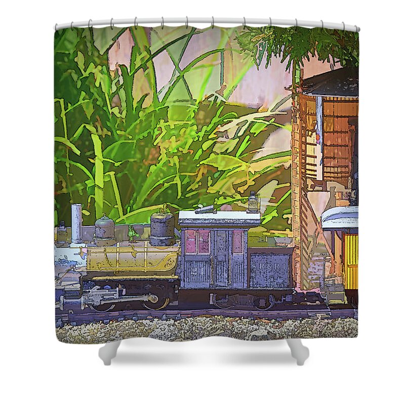 Linda Brody Shower Curtain featuring the digital art A Forney pulling a Sierra Coach Passes A Water Tower Abstract 1 x by Linda Brody