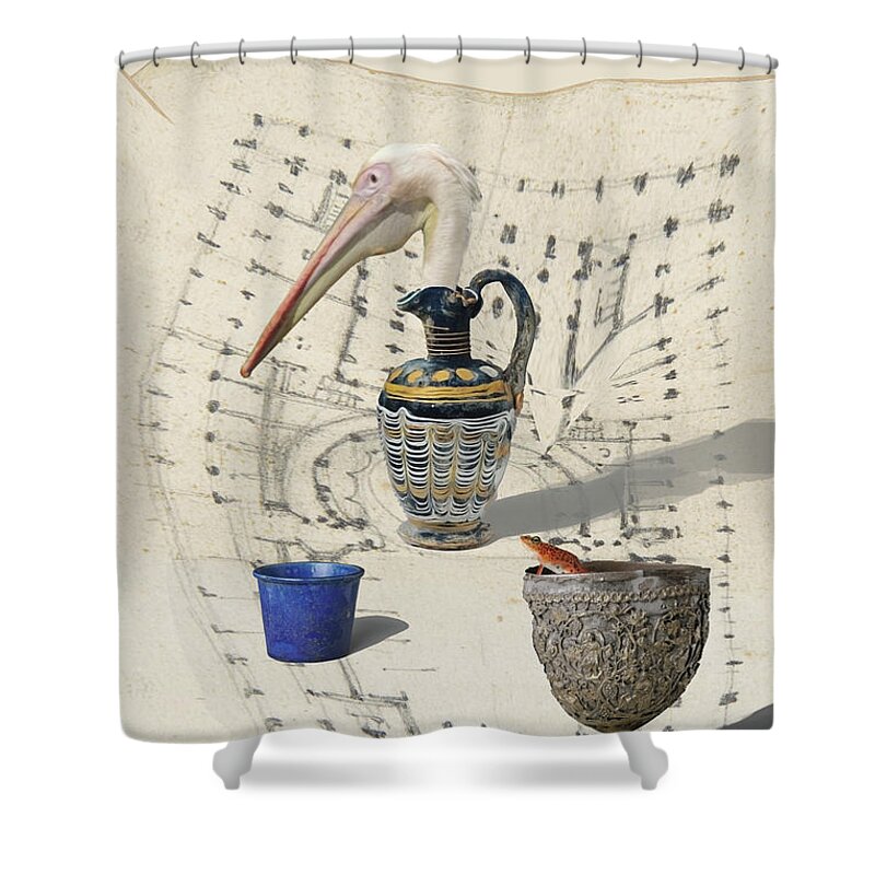 White Pelican Shower Curtain featuring the digital art A game of patience by Keshava Shukla