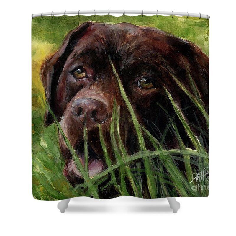 Chocolate Labrador Retriever Shower Curtain featuring the painting A Gardener's Friend by Molly Poole