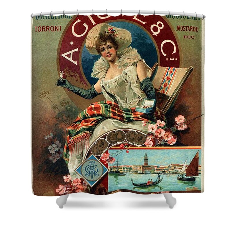 A Giove & Co Shower Curtain featuring the mixed media A Giove and Co - Venezia, Italy - Vintage Chocolate Advertising Poster by Studio Grafiikka