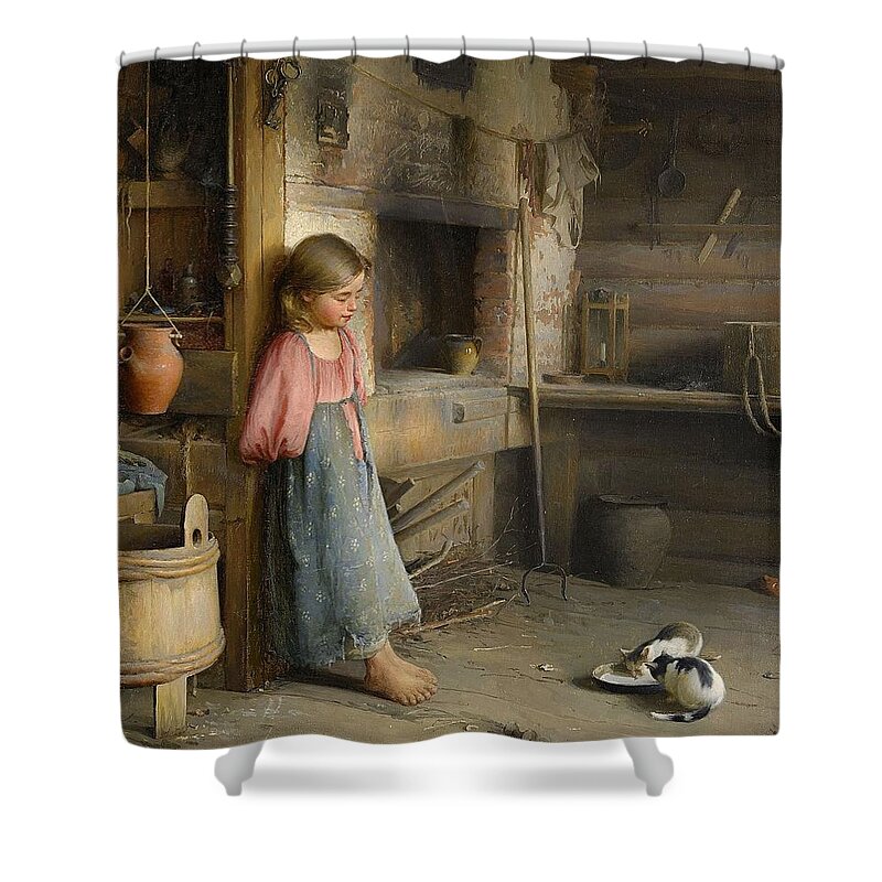 Ivan Lavrentievich Gorokhov Russia 1863-1934 A Girl With Kittens Shower Curtain featuring the painting A girl with kittens by MotionAge Designs