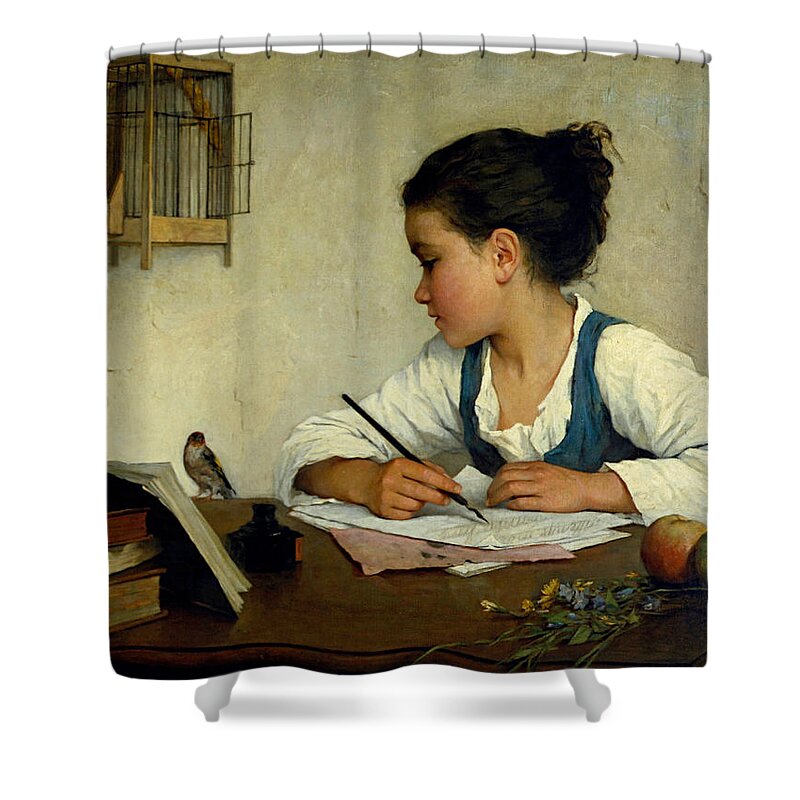 Henriette Browne Shower Curtain featuring the painting A Girl Writing. The Pet Goldfinch by Henriette Browne