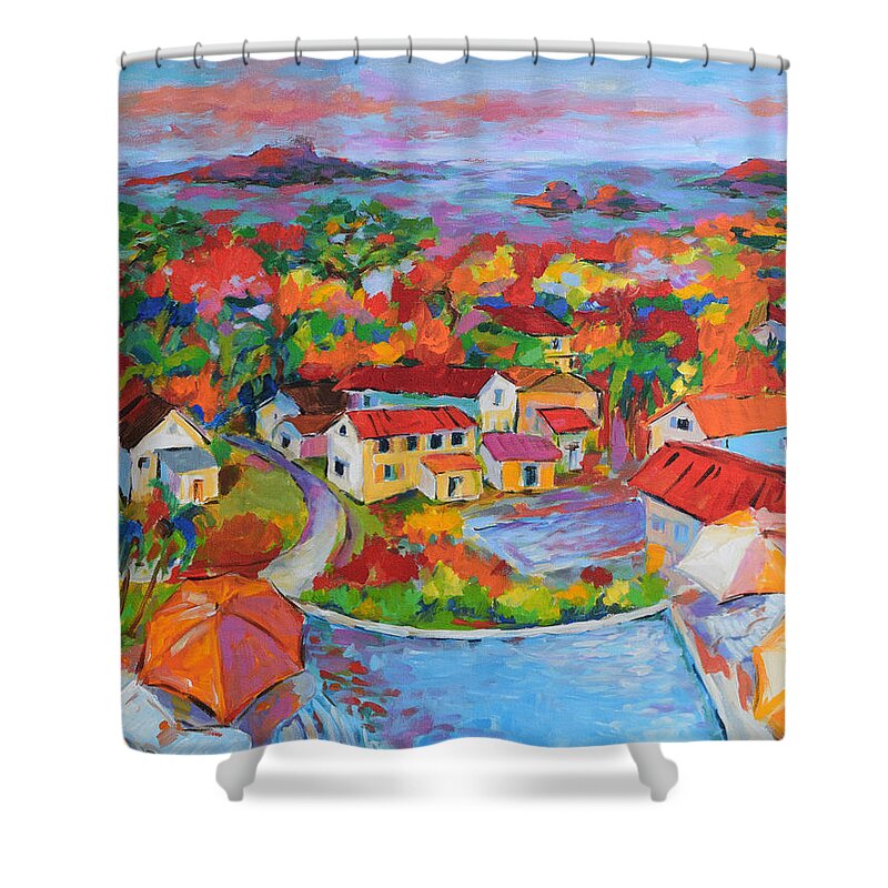 Landscape Shower Curtain featuring the painting A Glimpse of Paradis by Jyotika Shroff