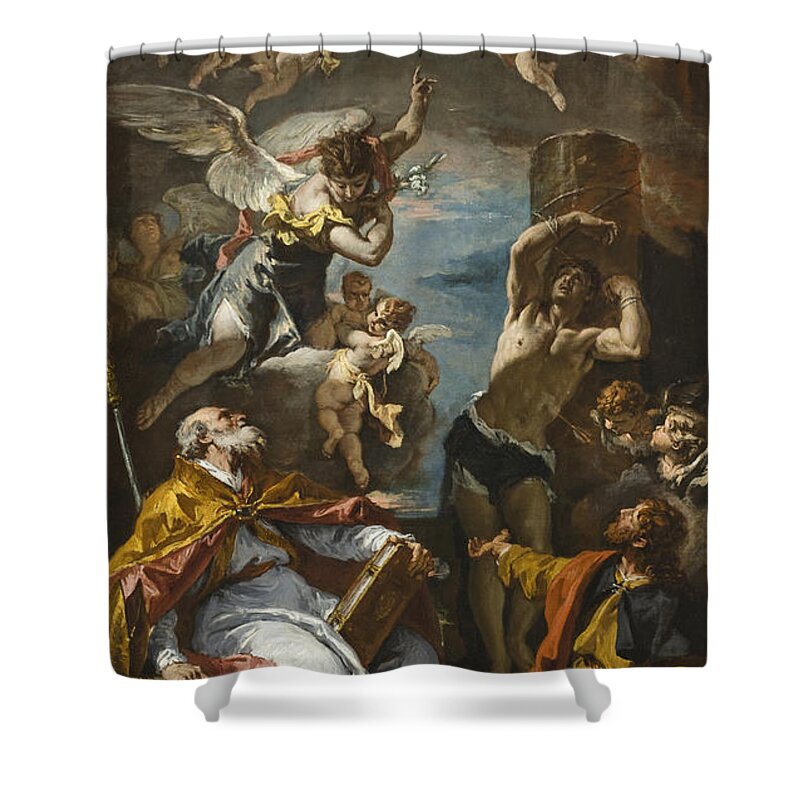 Sebastiano Ricci Shower Curtain featuring the painting A Glory of the Virgin with the Archangel Gabriel and Saints Eusebius, Roch, and Sebastian by Sebastiano Ricci