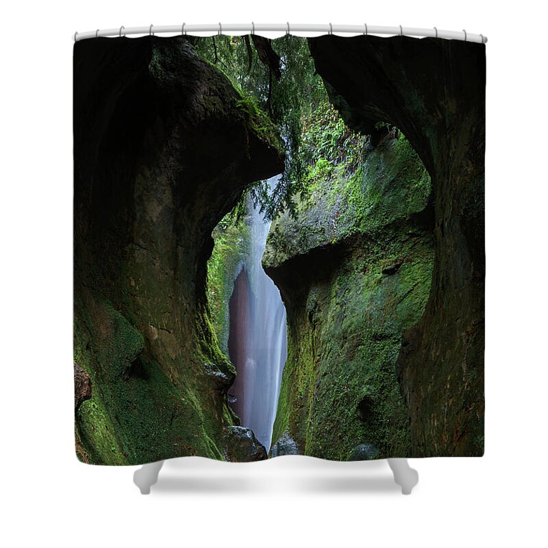 Sombrio Beach Waterfall Shower Curtain featuring the photograph A Green Grotto by Inge Riis McDonald