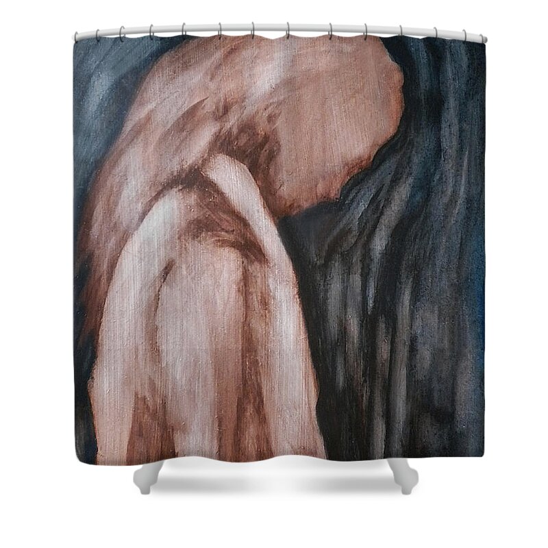 Original Art Oil Painting Woman Thoughtful Pensive Thinking Shower Curtain featuring the painting A Heavy Thought by Katt Yanda