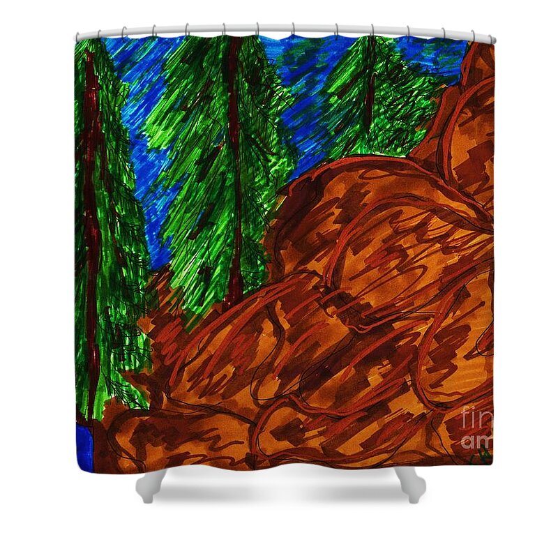A Girl Hiking Near A Rock Hill With Evergreens Shower Curtain featuring the mixed media A Hike on a Park Trail by Elinor Helen Rakowski