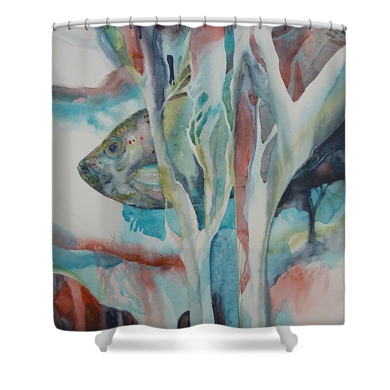 Fish Shower Curtain featuring the painting A l'abris by Donna Acheson-Juillet