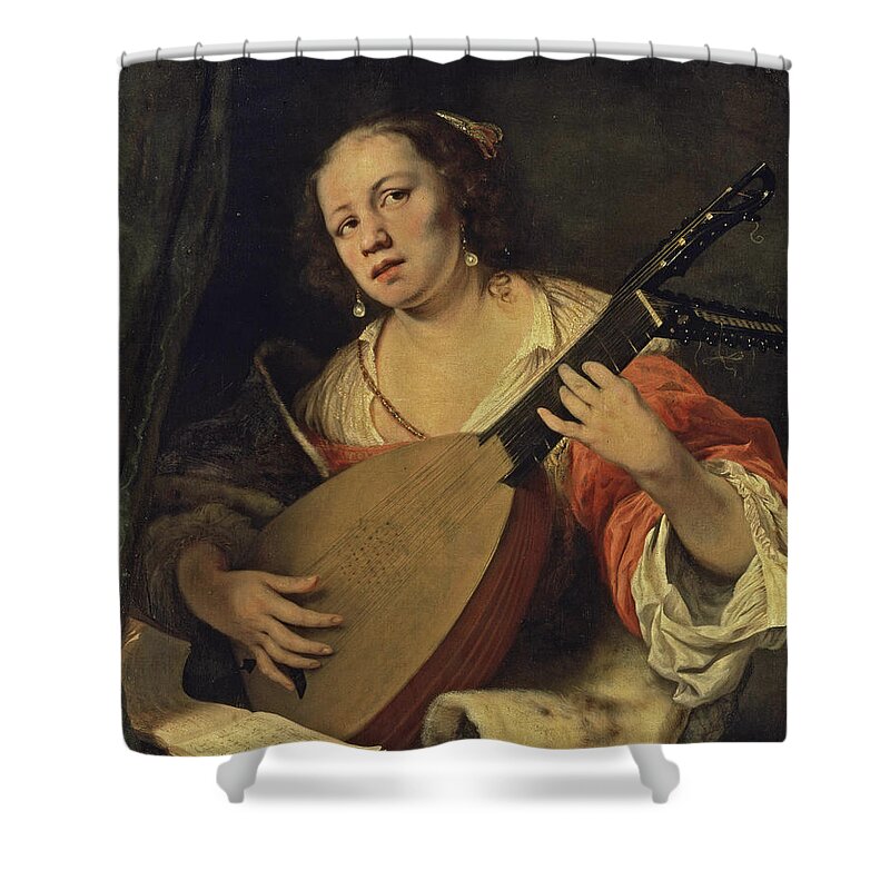 Ferdinand Bol Shower Curtain featuring the painting A Lady Playing the Lute by Ferdinand Bol