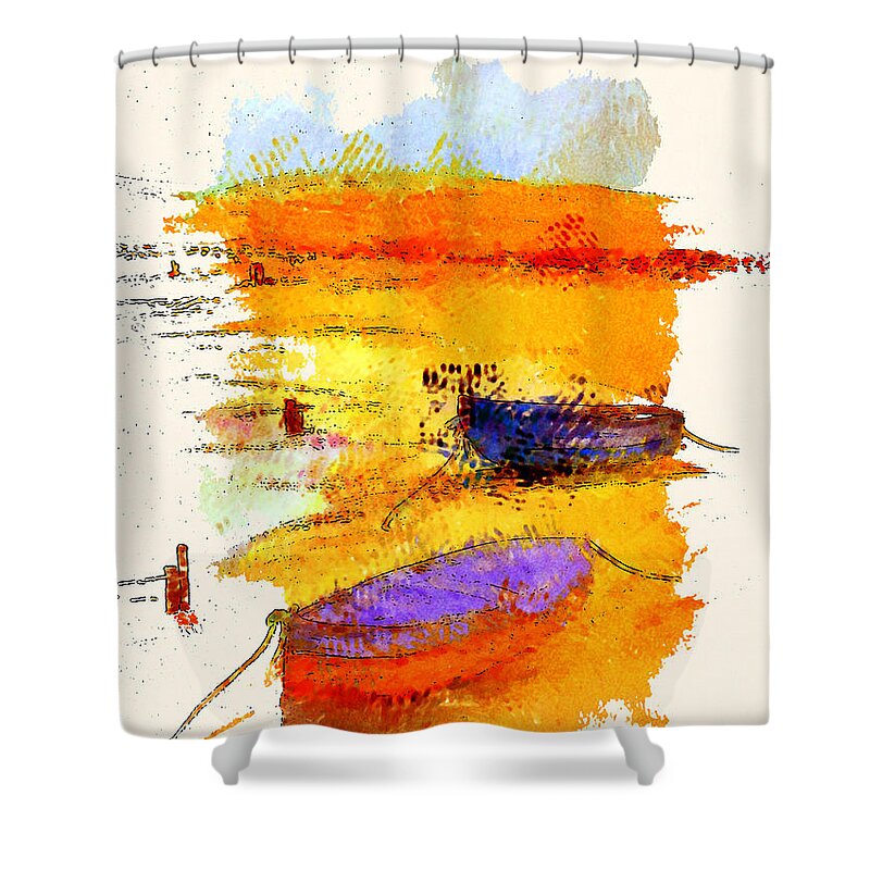 Boats Shower Curtain featuring the painting A Little Dingy by Julie Lueders 