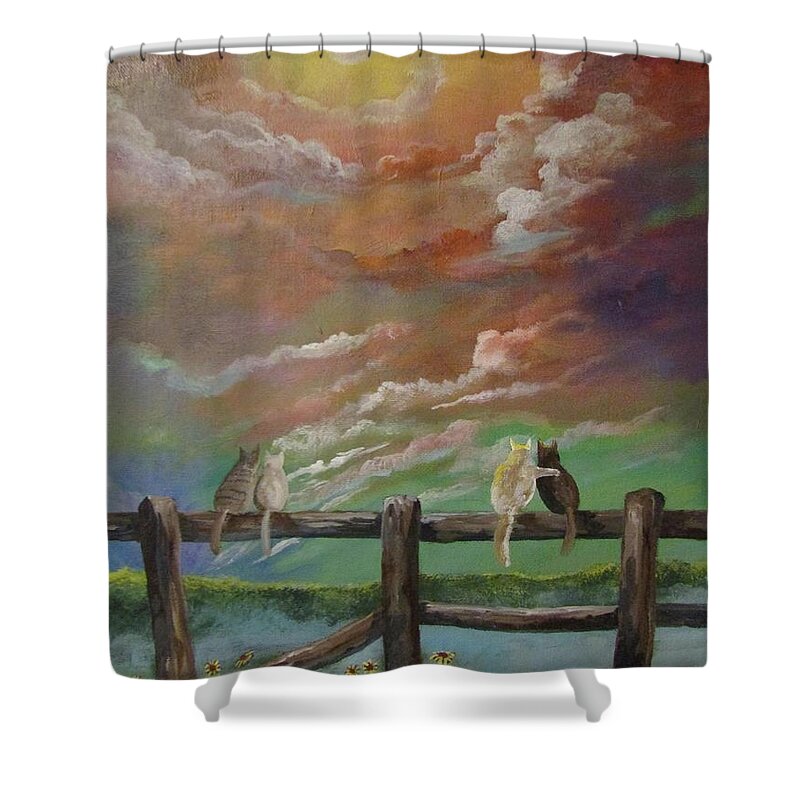 Kitties Under The Full Moon Shower Curtain featuring the painting A Springtime Lovers Moon by Dave Farrow
