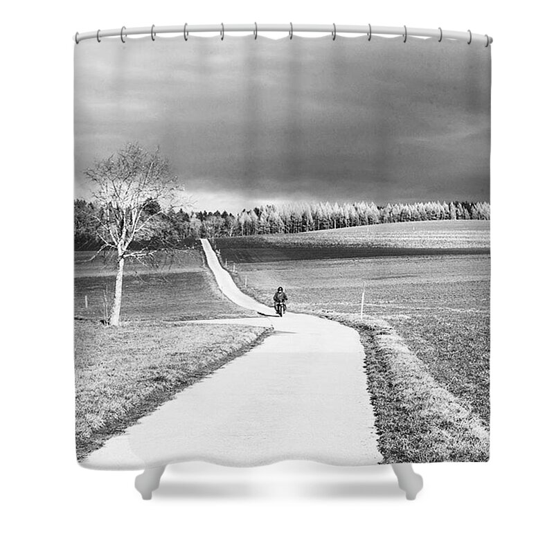  Shower Curtain featuring the photograph A Man On A Moped, Switzerland by Aleck Cartwright