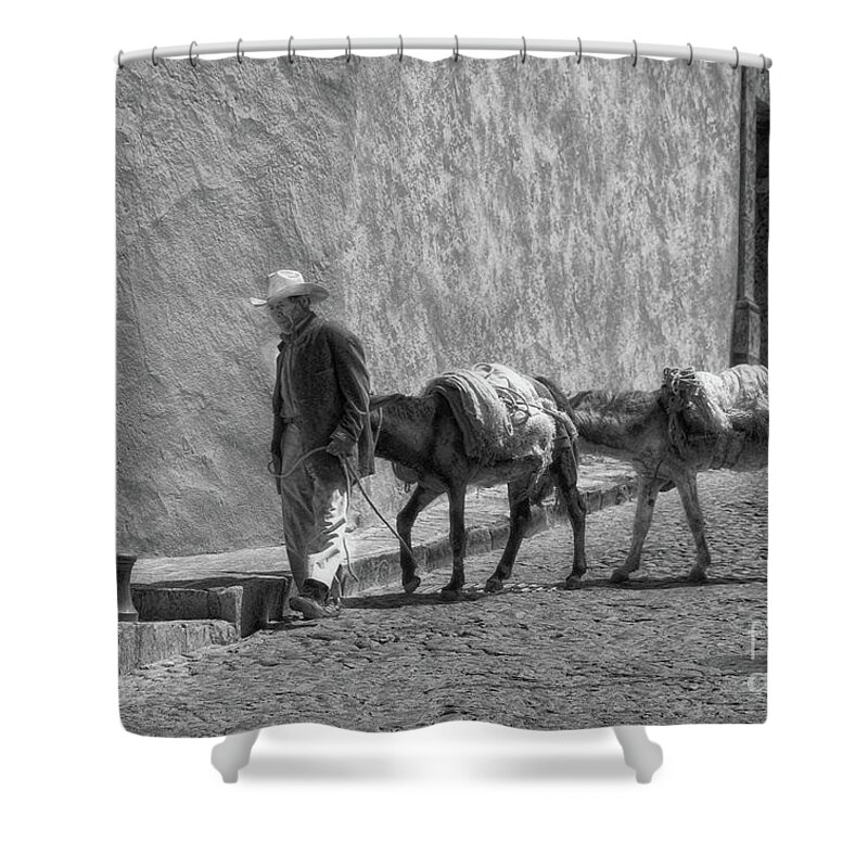 John+kolenberg Shower Curtain featuring the photograph A Man With Two Burros by John Kolenberg