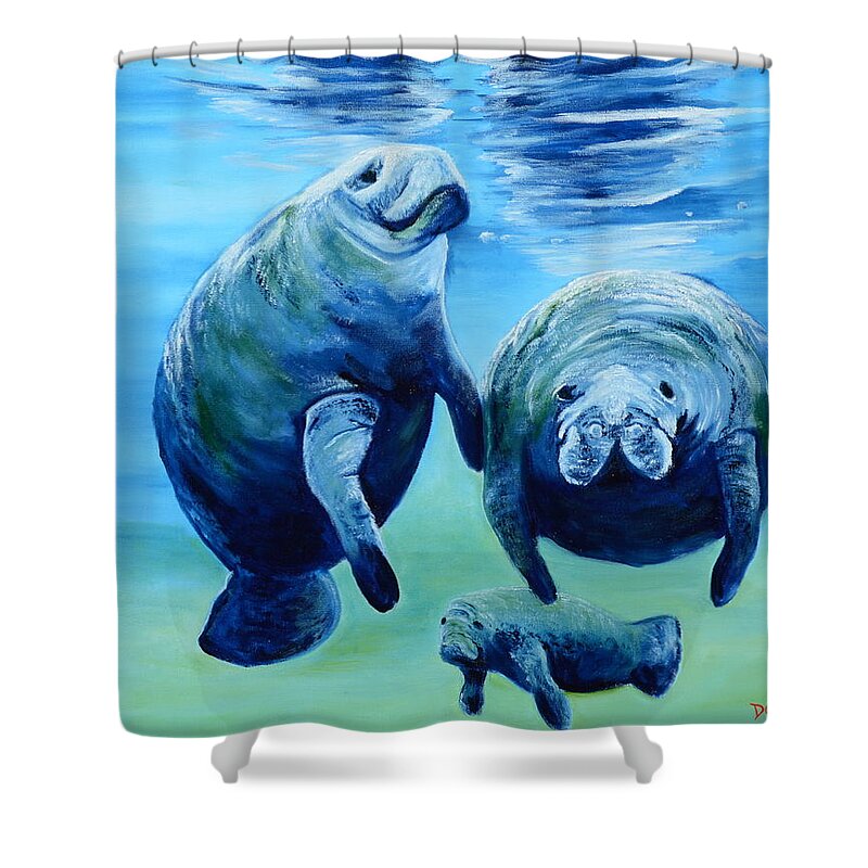 Manatee Shower Curtain featuring the painting A Manatee Family by Lloyd Dobson