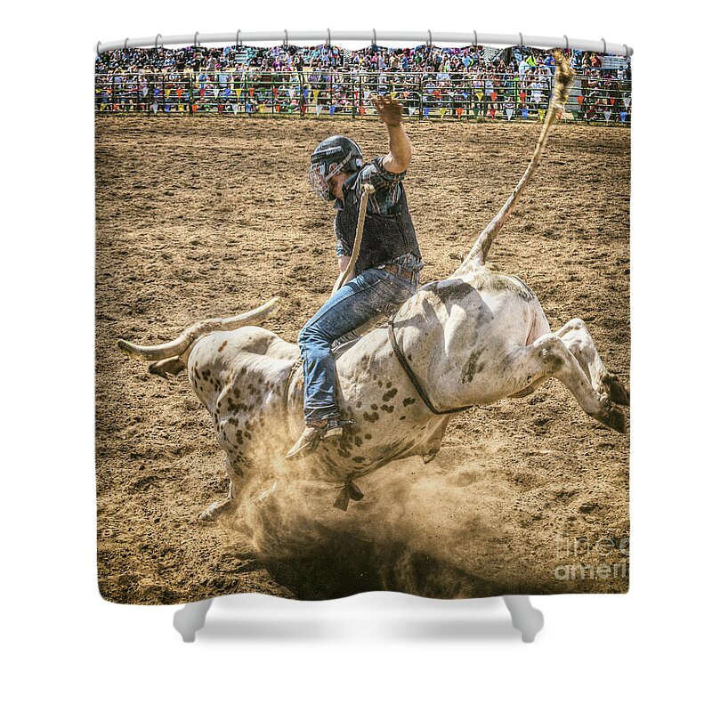 Rodeo Shower Curtain featuring the digital art A Mean Bull Ride by Christopher Cutter