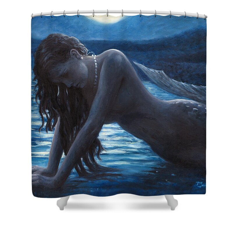 Mermaid Shower Curtain featuring the painting A mermaid in the moonlight - love is mystery by Marco Busoni