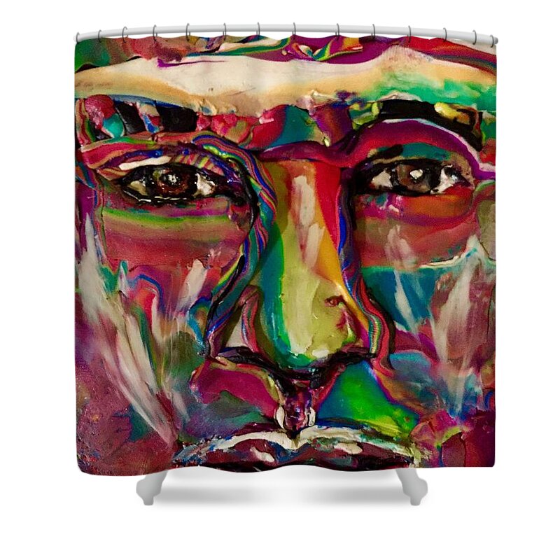 Clay Shower Curtain featuring the mixed media A New Man by Deborah Stanley