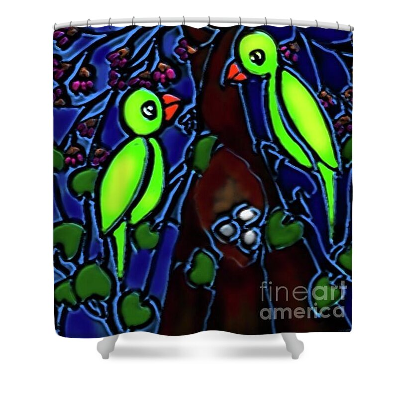 Parrots Painting Shower Curtain featuring the digital art A Parrot Family In Wilderness by Latha Gokuldas Panicker