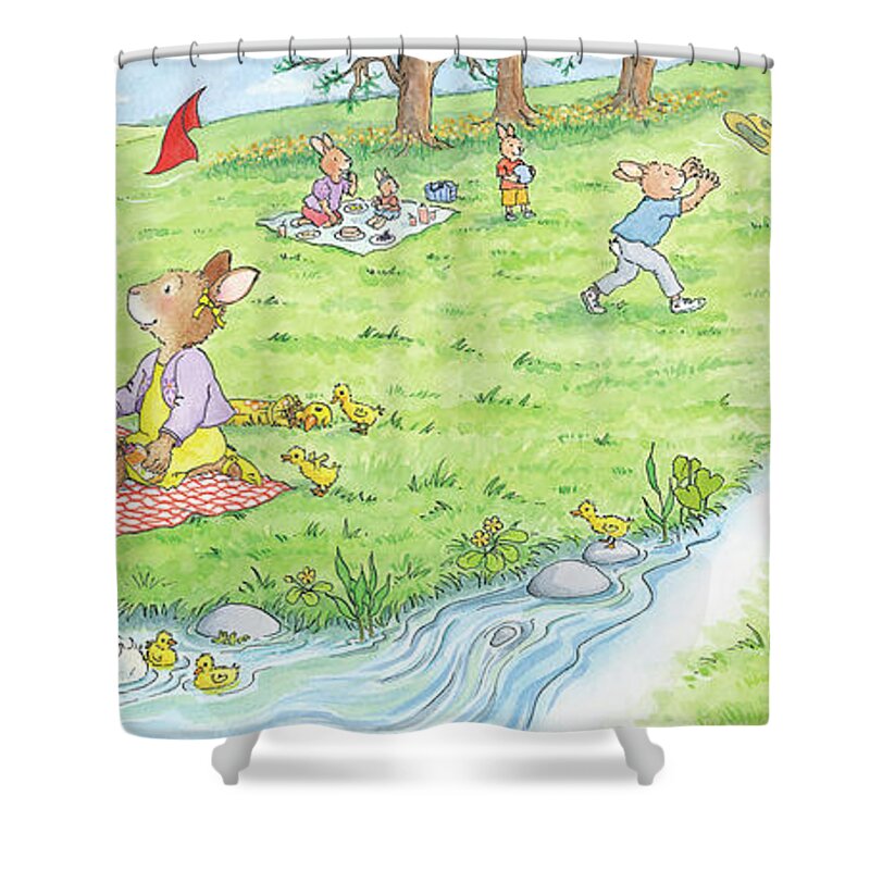Breezy Bunnies Shower Curtain featuring the painting A Perfect Spring Day for a Picnic -- With Text by June Goulding