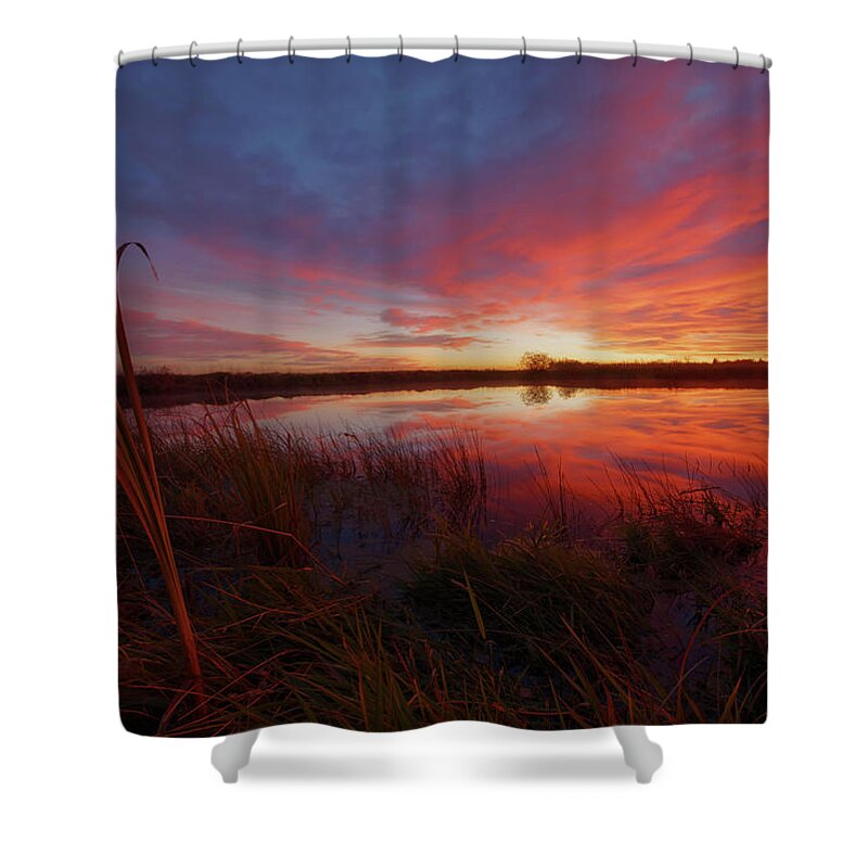 Sunset Shower Curtain featuring the photograph A Prairie Pothole by Dan Jurak
