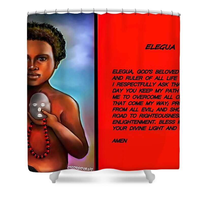 Elegua Prayer Shower Curtain featuring the digital art Elegua Prayer by Carmen Cordova