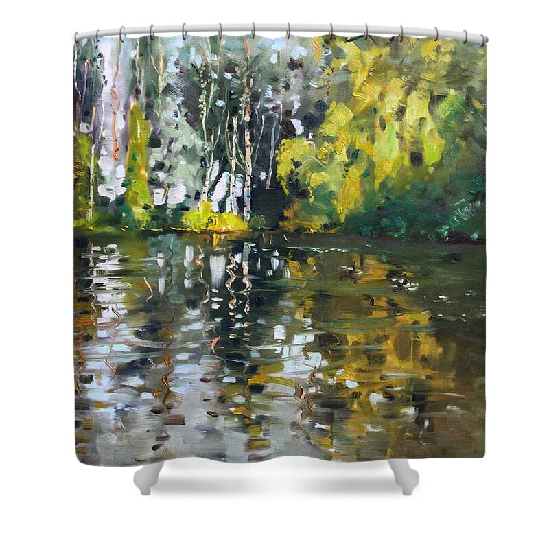 Landscape Shower Curtain featuring the painting A Quiet Afternoon Reflection by Ylli Haruni