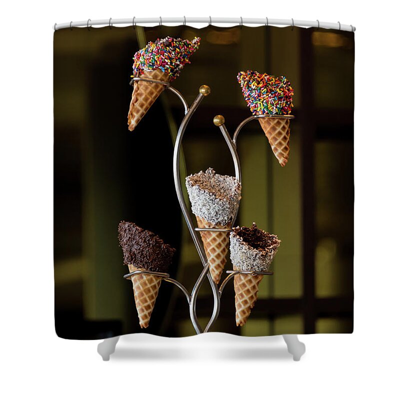 Dessert Shower Curtain featuring the photograph A rack of five fancy waffle ice creame cones by Daniel Ryan
