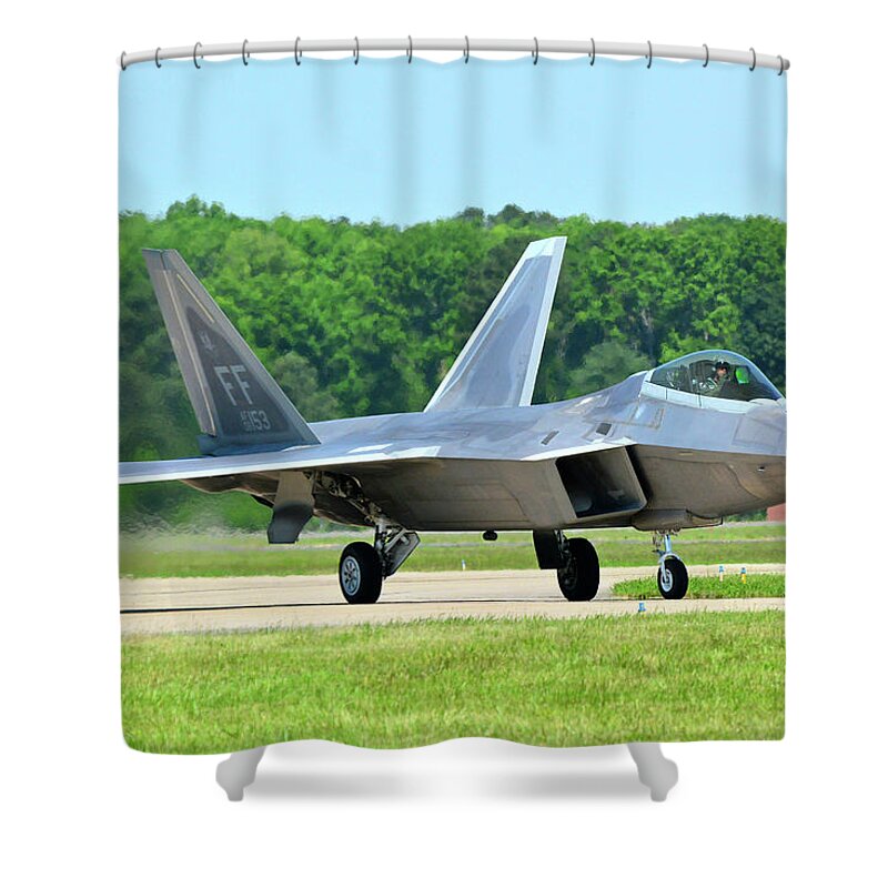 F-22 Shower Curtain featuring the photograph A Raptor Taxiing Back to the Ramp by Don Mercer
