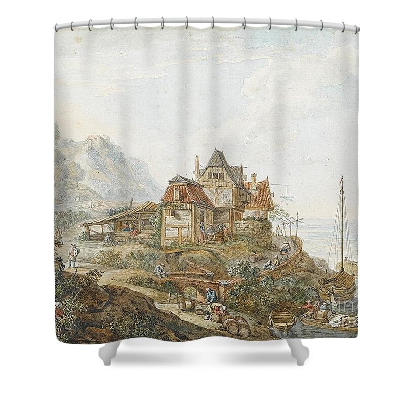 Jacob Van Strij (dordrecht 1756 - Dordrecht 1815) Shower Curtain featuring the painting A Rhine Landscape with Peasants at Work by MotionAge Designs
