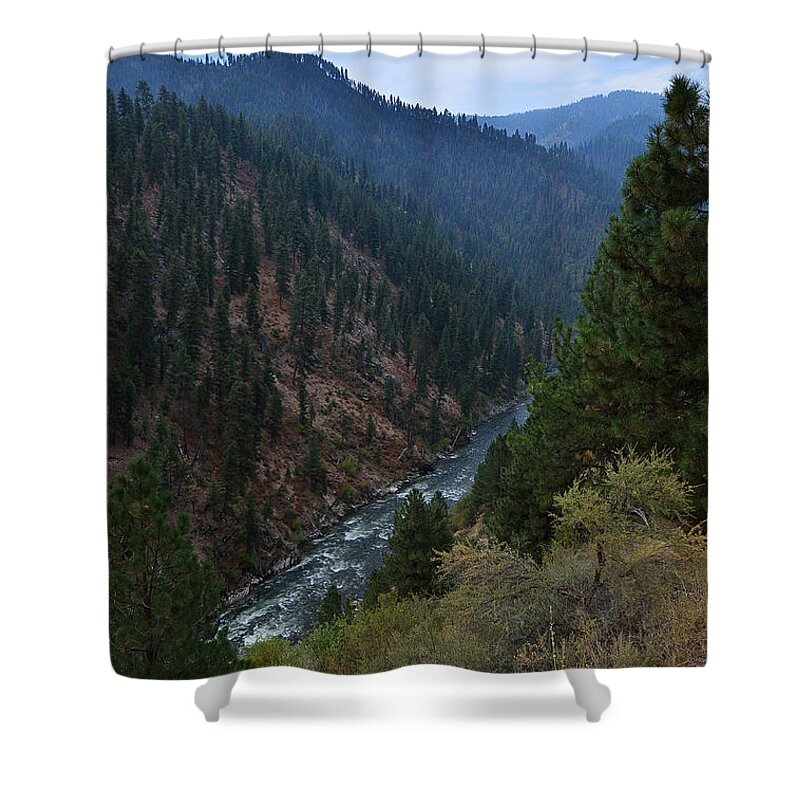 Landscape Mountains River Tree Trees Sky West Western Valley Idaho Scene Scenery Water Pine Mountain Shower Curtain featuring the photograph A River Runs Through It by Ken DePue