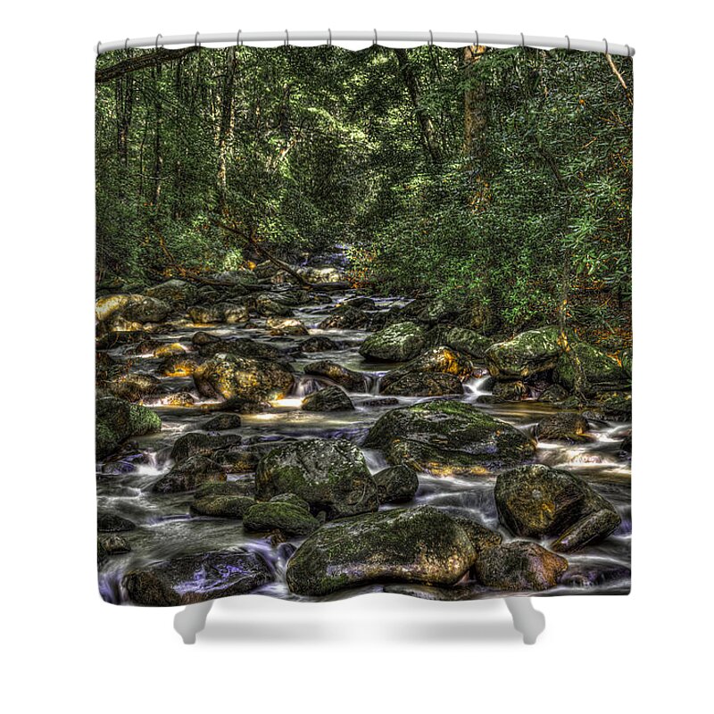 Landscape Shower Curtain featuring the photograph A River Through the Woods by Harry B Brown