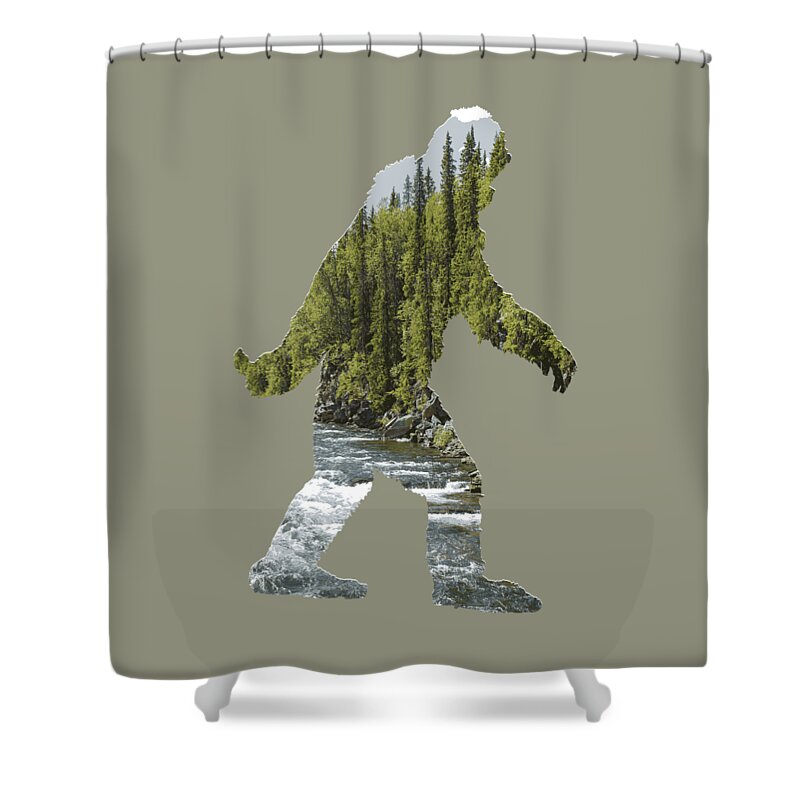 Sasquatch Shower Curtain featuring the digital art A Sasquatch Bigfoot Silhouette in The Wild River Rapids by Garaga Designs