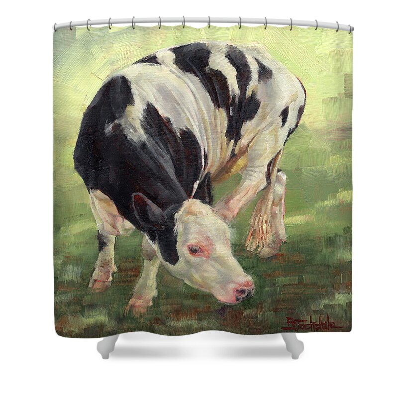 Cow Shower Curtain featuring the painting A Scratch In The Shade by Margaret Stockdale