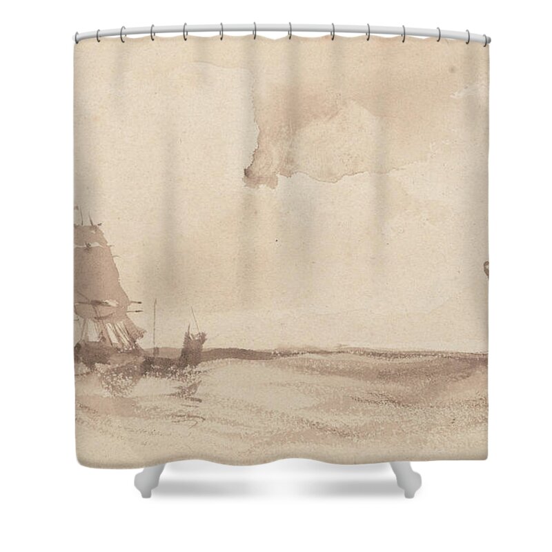 Richard Parkes Bonington - A Seascape Shower Curtain featuring the painting A Seascape by MotionAge Designs