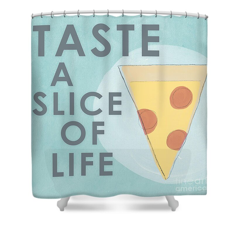 Pizza Shower Curtain featuring the mixed media A Slice of Life by Linda Woods